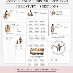 May include: A printable PDF planner with Bible study sections. The planner includes sections for sermon notes, prayer, Bible summary, and a reading tracker. The design features watercolor illustrations and the text "Bible Study - 8 Sections".