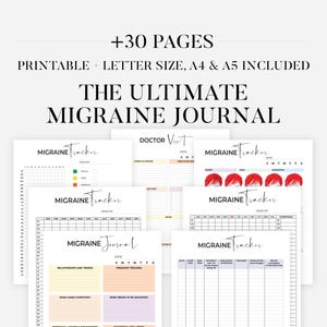 May include: Printable migraine journal with over 30 pages. The journal includes trackers for migraine frequency, triggers, and medication. It also includes a doctor visit log and a journal for recording migraine symptoms and lifestyle adjustments.