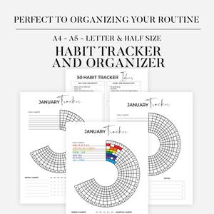 May include: A printable habit tracker and organizer with a rainbow design. The tracker includes sections for daily, weekly, and monthly habits. The text "JANUARY Tracker" is at the top of the page.