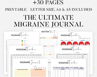 May include: Printable migraine journal with over 30 pages. The journal includes trackers for migraine frequency, triggers, and medication. It also includes a doctor visit log and a journal for recording migraine symptoms and lifestyle adjustments.