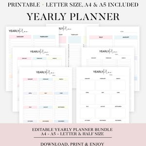 Editable Yearly Planner, Year At a Glance, Two Page Yearly Planner Printable, 12 Month Overview, A4/A5/Letter/Half, Instant Download PDF