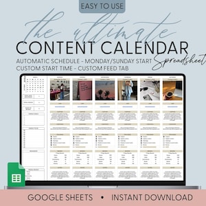 May include: A screenshot of a Google Sheets spreadsheet on a laptop screen. The spreadsheet is titled "The Ultimate Content Calendar" and includes a calendar, content ideas, and a schedule for posting content. The spreadsheet is designed to help users plan and schedule their social media content.