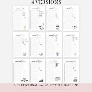 May include: A printable PDF planner with various tracker templates, including anxiety, cleaning, coffee, and dream trackers. The planner is available in A4, A5, letter, and half sizes. The image also includes the text "BUJO PLANNER 4 VERSIONS".