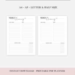 May include: Printable cleaning checklist planner in A4, A5, Letter, and Half sizes. The planner includes sections for yearly chores, notes, and quarterly chores.
