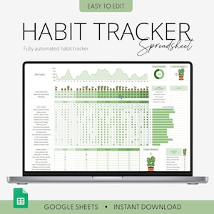 Peut inclure: Un ordinateur portable affichant une feuille de calcul de suivi des habitudes. L'écran montre un graphique vert et blanc avec des cases de suivi des habitudes. Le texte à l'écran comprend "Habit Tracker Spreadsheet", "Easy to Edit" et "Google Sheets". Une icône verte de feuille de calcul est en bas à gauche.