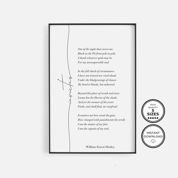 Poema Invictus de William Ernest Henley, Poema Invictus imprimible, Cita motivacional, Impresión de literatura, Decoración de la oficina en casa, Arte de la pared del estudiante
