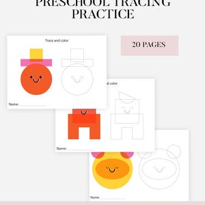 Op de afbeelding: Afdrukbare PDF-pagina's voor voorschoolse traceeroefeningen. De pagina's bevatten kleurrijke vormen en contouren om te traceren, met de tekst "Trace and color" en "Name:" op elke pagina. De tekst "20 PAGES" is ook zichtbaar. Direct downloaden.
