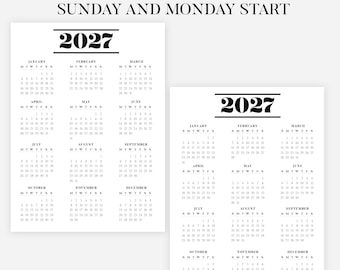 2027 Yearly Calendar 2027 Annual Calendar Printable 2027 Calendar Vertical 2027 Wall Calendar A4 A5 Letter Size Desk Calendar 2027 Print PDF