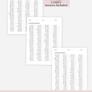 May include: A printable PDF with multiplication problems, including 19 pages and 4 sizes. The image shows math worksheets with equations like 9x9= and 1x2=. Answers are included.