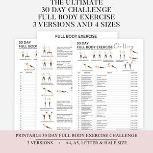 Op de afbeelding: Printbare PDF-planner voor een 30-daagse full body exercise challenge. Het ontwerp bevat drie versies en vier formaten. De planner toont oefeningen, doelspiergroepen en duurdetails. De tekst bevat "Instant Download" en "Printable PDF Planner".