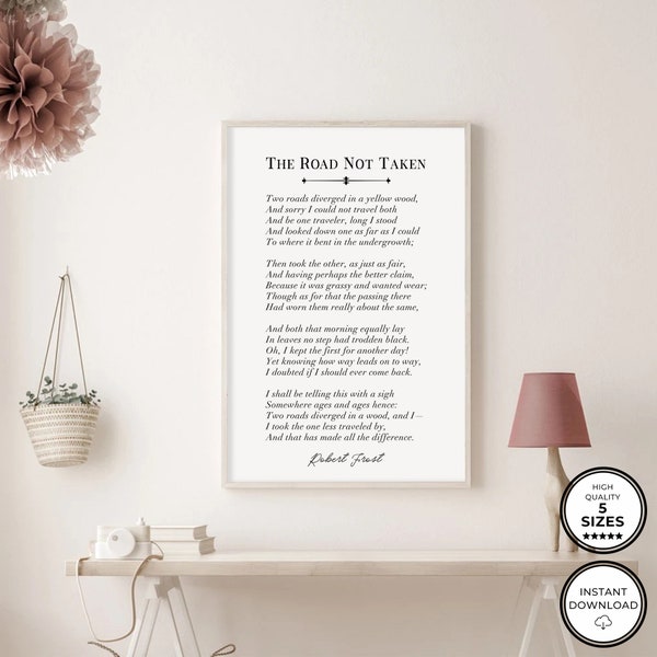 The Road Not Taken poem wall art print, Robert Frost poetry, Two Roads Diverged in a Yellow Wood, graduation gift, Road less traveled sign