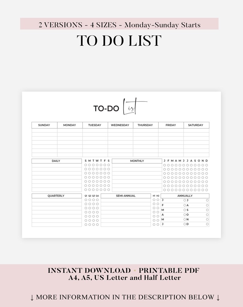Printable to Do List Template Black and White PDF Checklist Daily ...