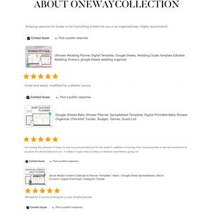 May include: Screenshots of customer reviews for digital planner templates. The reviews highlight the ease of use and organisation of the planners. The planners are for weddings, baby showers, and daily scheduling.