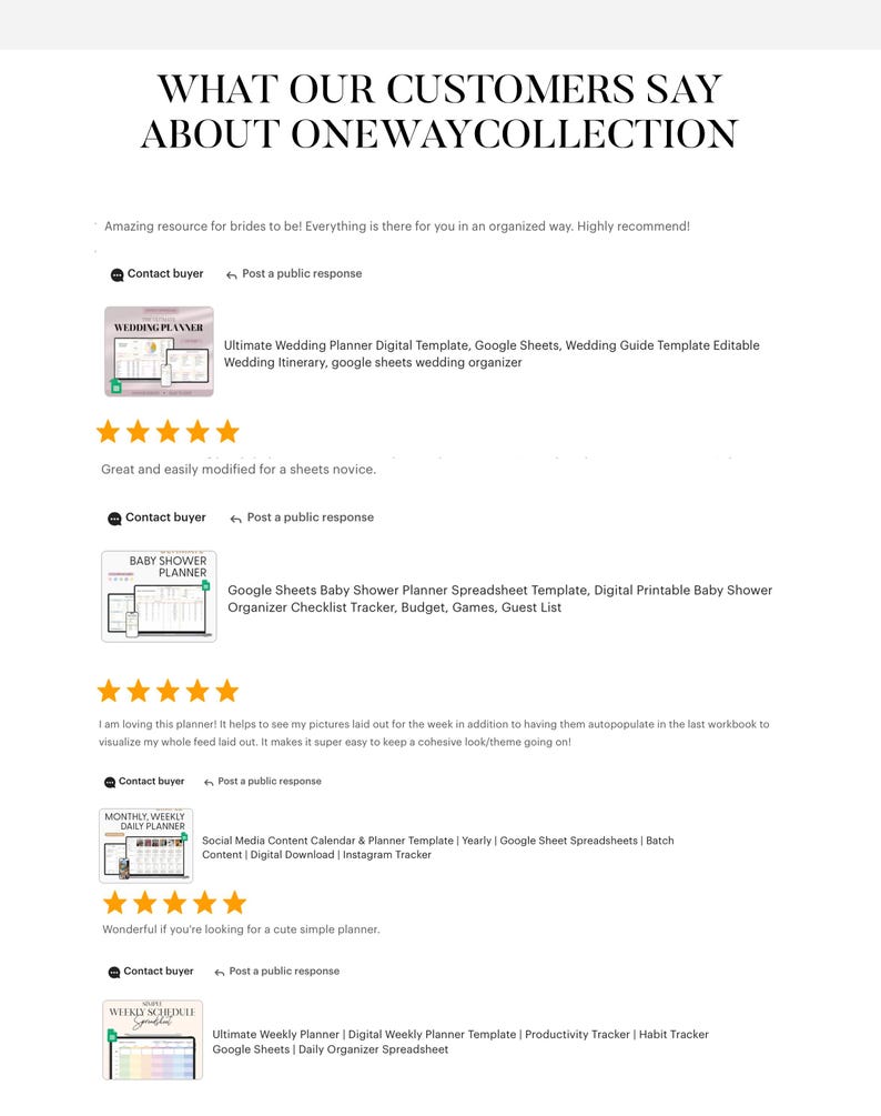 May include: Screenshots of customer reviews for digital planner templates. The reviews highlight the ease of use and organisation of the planners. The planners are for weddings, baby showers, and daily scheduling.