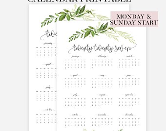 Greenery Yearly Planner on 1 Page, Yearly Overview, Year At a Glance, Calendar Template PDF, A4/A5, Annual Plan Printable, Instant Download