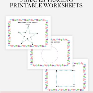 May include: Printable PDF worksheets for tracing five shapes, including a star, circle, and square. Each worksheet has a floral border in pastel colors. The text reads "5 Shapes Tracing Printable Worksheets" and "Instant Download Printable PDF Planner."