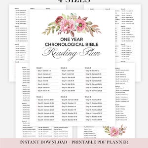 Peut inclure: Un planificateur PDF imprimable avec un plan de lecture biblique chronologique d'un an. Le design comprend des accents floraux et le texte "Chronological Bible Reading Plan" et "4 Sizes". Le bas de l'image indique "Instant Download Printable PDF Planner".