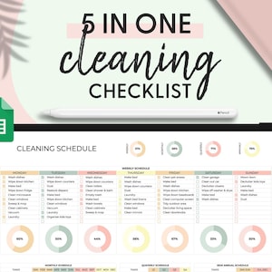 May include: A digital cleaning checklist with a green and white Google Sheets icon in the top left corner. The checklist is divided into daily, weekly, monthly, quarterly, semi-annual, and annual tasks. The checklist includes tasks such as washing dishes, making the bed, doing laundry, and cleaning the bathroom.