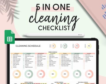 Op de afbeelding: Een digitale schoonmaakchecklist met een groen-wit Google Sheets-pictogram in de linkerbovenhoek. De checklist is onderverdeeld in dagelijkse, wekelijkse, maandelijkse, driemaandelijkse, halfjaarlijkse en jaarlijkse taken. De checklist bevat taken zoals afwassen, bed opmaken, was doen en de badkamer schoonmaken.