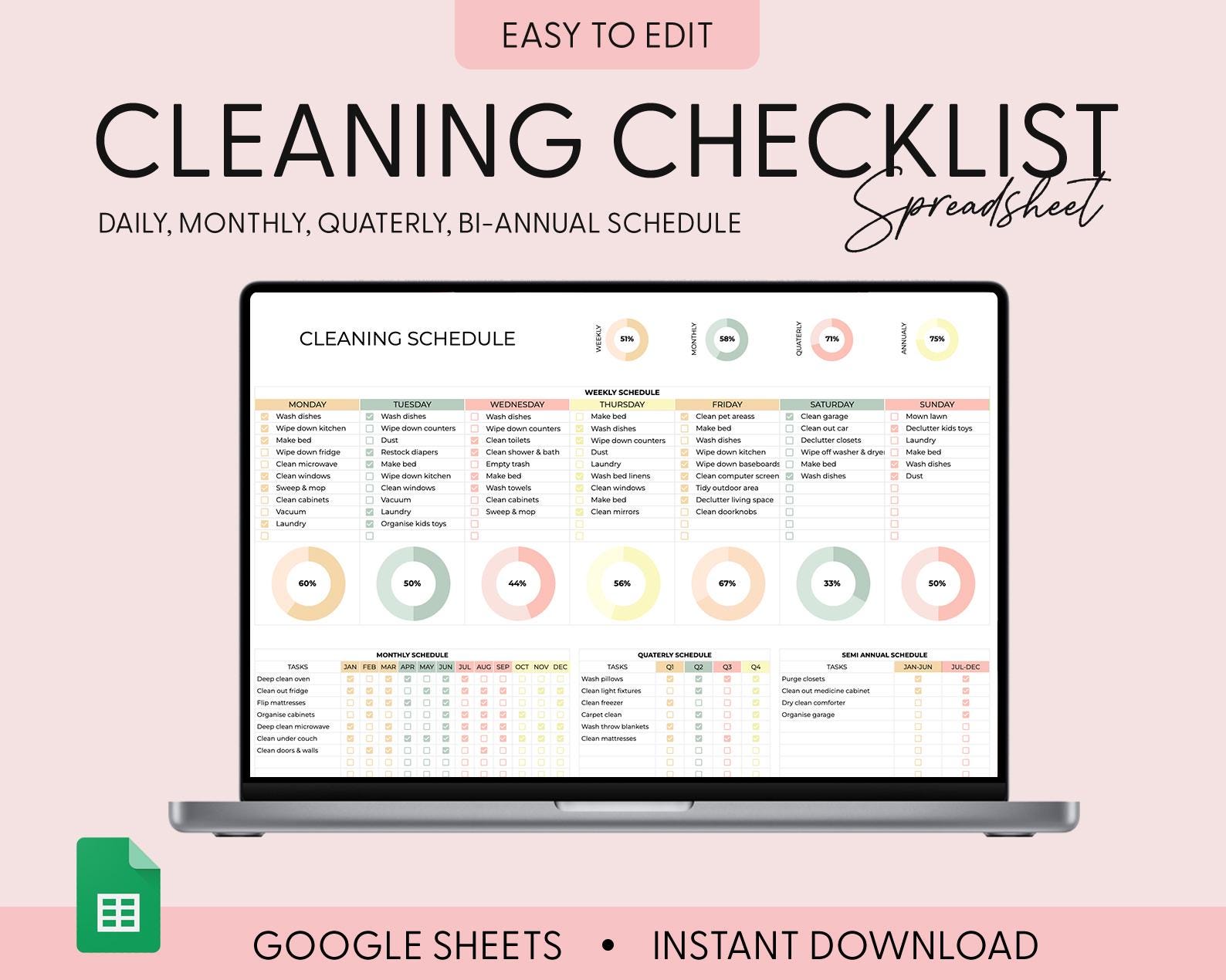 Weekly Cleaning Checklist | Google Sheets Template | Editable Tracker ...