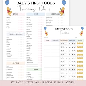 May include: A printable PDF checklist and tracking chart for baby's first foods. The chart includes sections for grains, fruits, vegetables, herbs, spices, protein, and dairy. The design features Winnie the Pooh illustrations and the text "Baby's First Foods Tracking Chart."