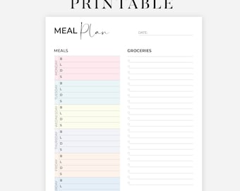 Meal Planner Printable, Weekly Food Diary, Meal Tracker, Food Journal, Menu Plan & Prep, BONUS Grocery List! Diet, Fitness, Health, Colorful