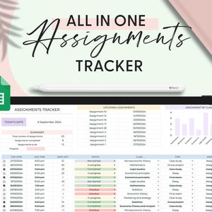 Op de afbeelding: Een digitaal spreadsheet voor het bijhouden van opdrachten op een tabletscherm met een witte stylus erboven. De interface bevat een samenvattingssectie, een lijst met aankomende opdrachten met deadlines en een gedetailleerde tabel.