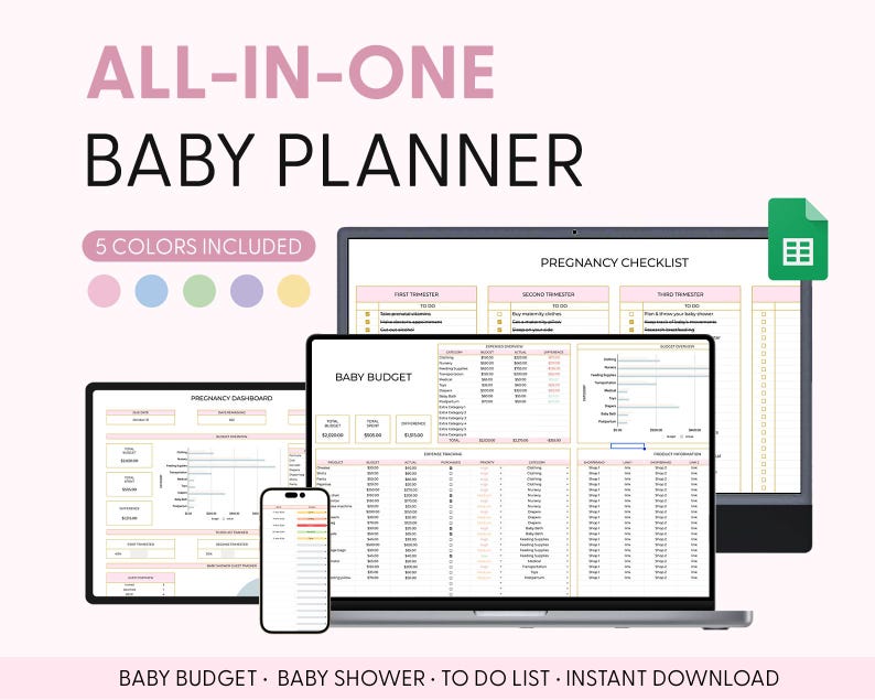 Foglio di calcolo per la pianificazione del bambino, lista della spesa per i prodotti per neonati, pianificazione finanziaria per la gravidanza, Google Fogli, budget per il bambino, checklist per la preparazione del neonato immagine 11