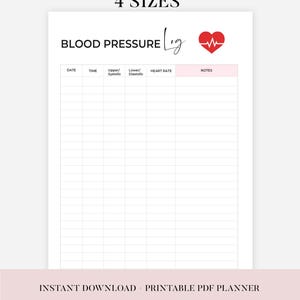 以下が含まれることがあります： 「BLOOD PRESSURE TRACKER 4 SIZES」というタイトルの、印刷可能な血圧記録用紙。日付、時間、血圧測定値、心拍数、メモのセクションが含まれています。「INSTANT DOWNLOAD - PRINTABLE PDF PLANNER」というテキストも表示されています。