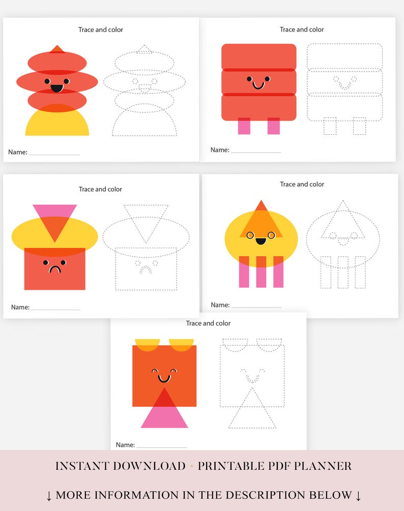 Op de afbeelding: Een afdrukbare PDF-planner met kleurrijke geometrische vormen met gezichten, ontworpen om te traceren en in te kleuren. Elke pagina bevat een gestippelde omtreklijn om te traceren en een ruimte om een naam te schrijven. De tekst "Trace and color" staat bovenaan elke pagina.