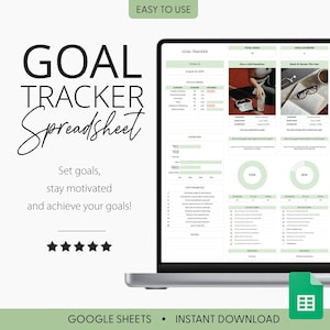 May include: A digital goal tracker spreadsheet displayed on a laptop screen. The interface features sections for total goals, focus areas, progress bars, and action steps with light green accents. Text includes GOAL TRACKER SPREADSHEET and EASY TO USE.