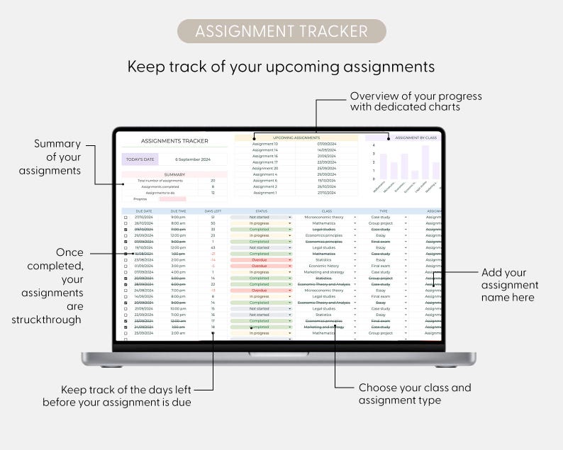 Student Planner & Assignment Tracker Google Sheets Excel College ...