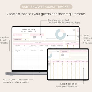Pu&ograve; includere: Un modello di planner digitale per un baby shower. Il modello include sezioni per il tracciamento degli ospiti, RSVP, requisiti dietetici e una rappresentazione visiva di RSVP e declini. Il modello &egrave; visualizzato sullo schermo di un laptop.