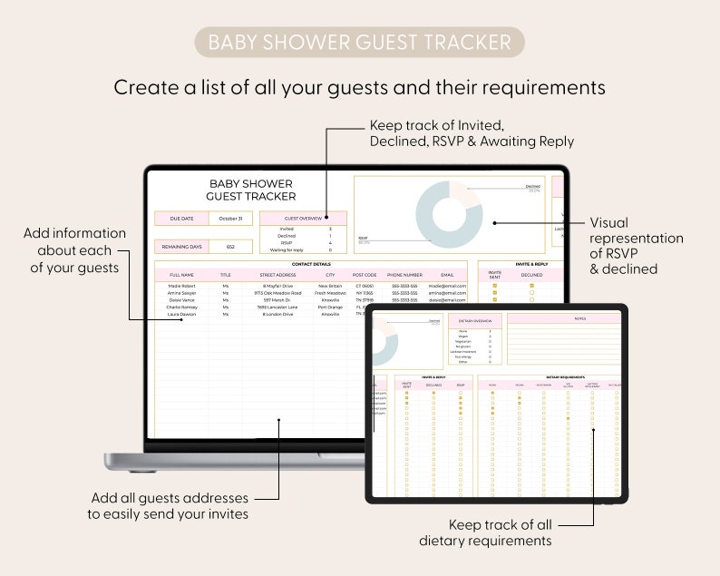 Pu&ograve; includere: Un modello di planner digitale per un baby shower. Il modello include sezioni per il tracciamento degli ospiti, RSVP, requisiti dietetici e una rappresentazione visiva di RSVP e declini. Il modello &egrave; visualizzato sullo schermo di un laptop.