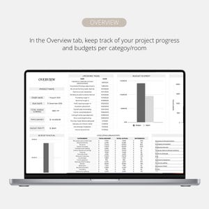 May include: A silver laptop displays a project management dashboard with the title "Overview." The screen shows project details, including start and due dates, budget information, and a breakdown of tasks and categories. Text on the screen reads "In the Overview tab, keep track of your project progress and budgets per category/room."