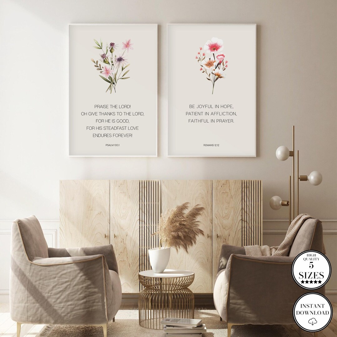 Christian Floral Set of 2, Bible Verse Wall Poster Set, Botanical ...