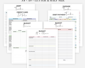 NY utskrivbar månadsbudgetmall, budgeteringsbladsplanerare, utgiftsspårare, pengalogg A4-brev/halvbrev utskrivbar journalsida