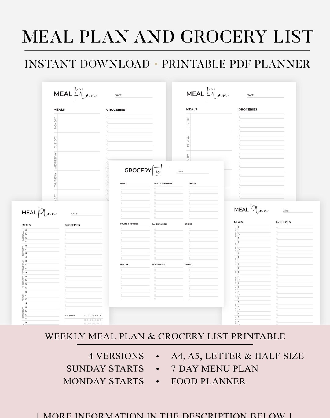 Weekly Meal Planning Printable, Grocery List, 7 Day Menu Planner, Meal ...