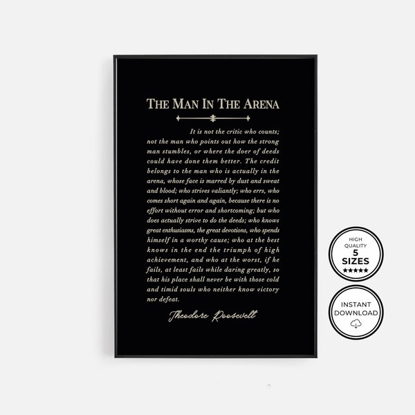 The Man In The Arena Quote, The Man In The Arena Poster, Theodore Roosevelt Quote, Inspirational Sign, Motivational Sign, Success Wall Art