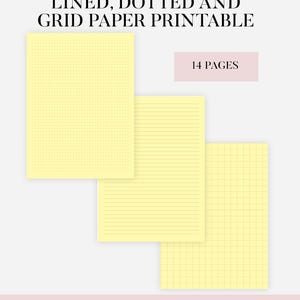 Peut inclure: Planificateur PDF imprimable avec papier ligné, pointillé et quadrillé aux formats A4, A5, lettre et demi-format. L'image montre trois feuilles de papier jaune avec différents motifs : points, lignes et quadrillage. Le texte indique "14 pages" et "Téléchargement instantané Planificateur PDF imprimable."
