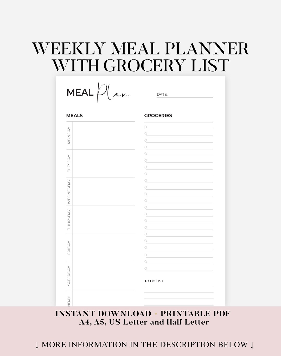 Weekly Meal Planner and Grocery List Printable Template, 7 Day Menu ...