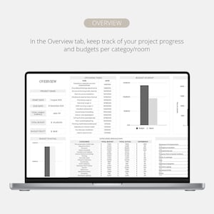May include: A silver laptop displays a project management dashboard with the title "Overview." The screen shows project details, including start and due dates, budget information, and a breakdown of tasks and categories. Text on the screen reads "In the Overview tab, keep track of your project progress and budgets per category/room."
