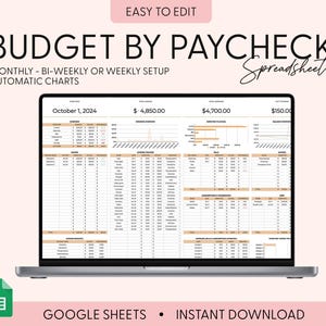 May include: A laptop screen displaying a Budget by Paycheck spreadsheet with automatic charts, monthly, bi-weekly, or weekly setup options, and columns for income, expense tracking, bills, subscriptions, savings, and debt dated October 1, 2024.