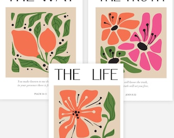 Christian Coloring Pages Set of 3 | The Way, The Truth, The Life | Bible Verse Scripture Pdf | Flower Bible Verse Coloring Page For Adult
