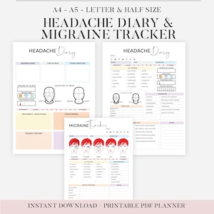 May include: Printable headache and migraine tracker diary with pink and blue accents. The diary includes sections for tracking warning signs, type of pain, other symptoms, hours of sleep, location of pain, weather, temperature, intensity, treatments, medications, possible triggers, effectiveness, and a migraine tracker.