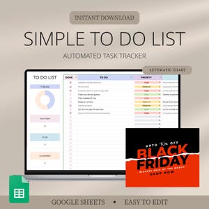 K&ouml;nnte beinhalten: Eine digitale Aufgabenverfolgungsvorlage auf einem Laptop-Bildschirm mit dem Text SIMPLE TO DO LIST, AUTOMATED TASK TRACKER und AUTOMATIC CHART. Eine separate schwarz-rote Grafik zeigt den Text UPTO 70% OFF BLACK FRIDAY BIGGEST SALE.