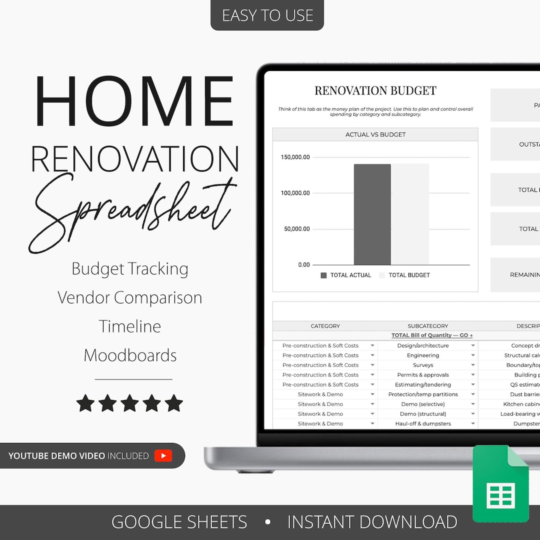 Home Renovation Google Sheets and Excel Product Specification Template ...