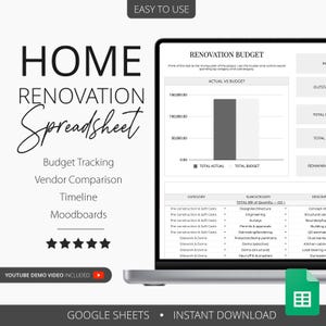 May include: A laptop screen displays a home renovation spreadsheet. The spreadsheet includes budget tracking, vendor comparison, timeline, and moodboard features. The screen shows a graph comparing actual vs. budget spending. The words "Easy to Use" and "Instant Download" are also visible.