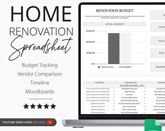 Home Renovation Google Sheets and Excel Product Specification Template, Finishes FF&E Furniture Schedule, Contractor Estimate Spreadsheet