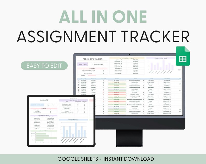 May include: A digital assignment tracker displayed on a computer monitor and a tablet screen. The interface features tables, charts, and status indicators for academic tasks. Text includes ALL IN ONE ASSIGNMENT TRACKER, EASY TO EDIT, and GOOGLE SHEETS.